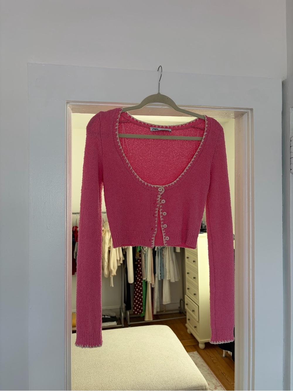 Zara Pink Cropped Knit Cardigan with Contrast Trim